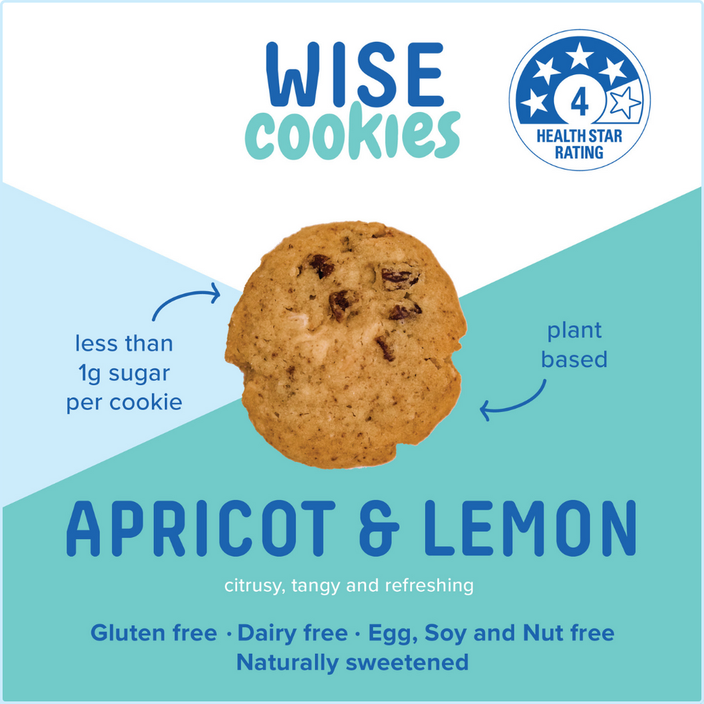 Wisefoods | Apricot & Lemon 4.0 Health Star rated, allergy-friendly, plant-based Wise Cookies - front label