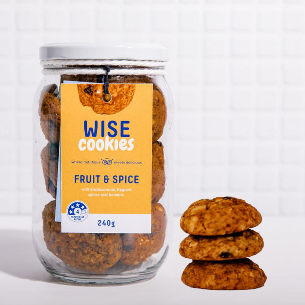 Wisefoods | 240g Glass Gift jar of 4.0 Health Star rated, allergy-friendly, collagen Fruit & Spice Wise Cookies with a stack of cookies on the right