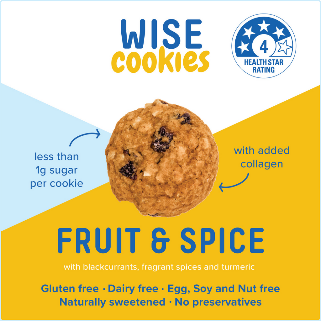 Wisefoods | 4.0 Health Star rated, allergy-friendly Fruit & Spice Wise Cookies with added Collagen - front label