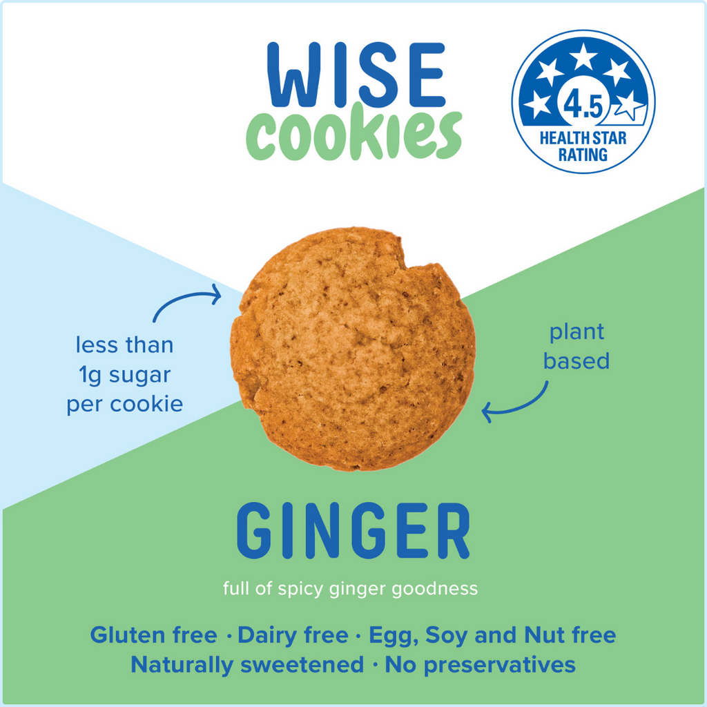 Wisefoods | 4.5 Health Star rated, allergy-friendly, plant-based Ginger Wise Cookies - front label
