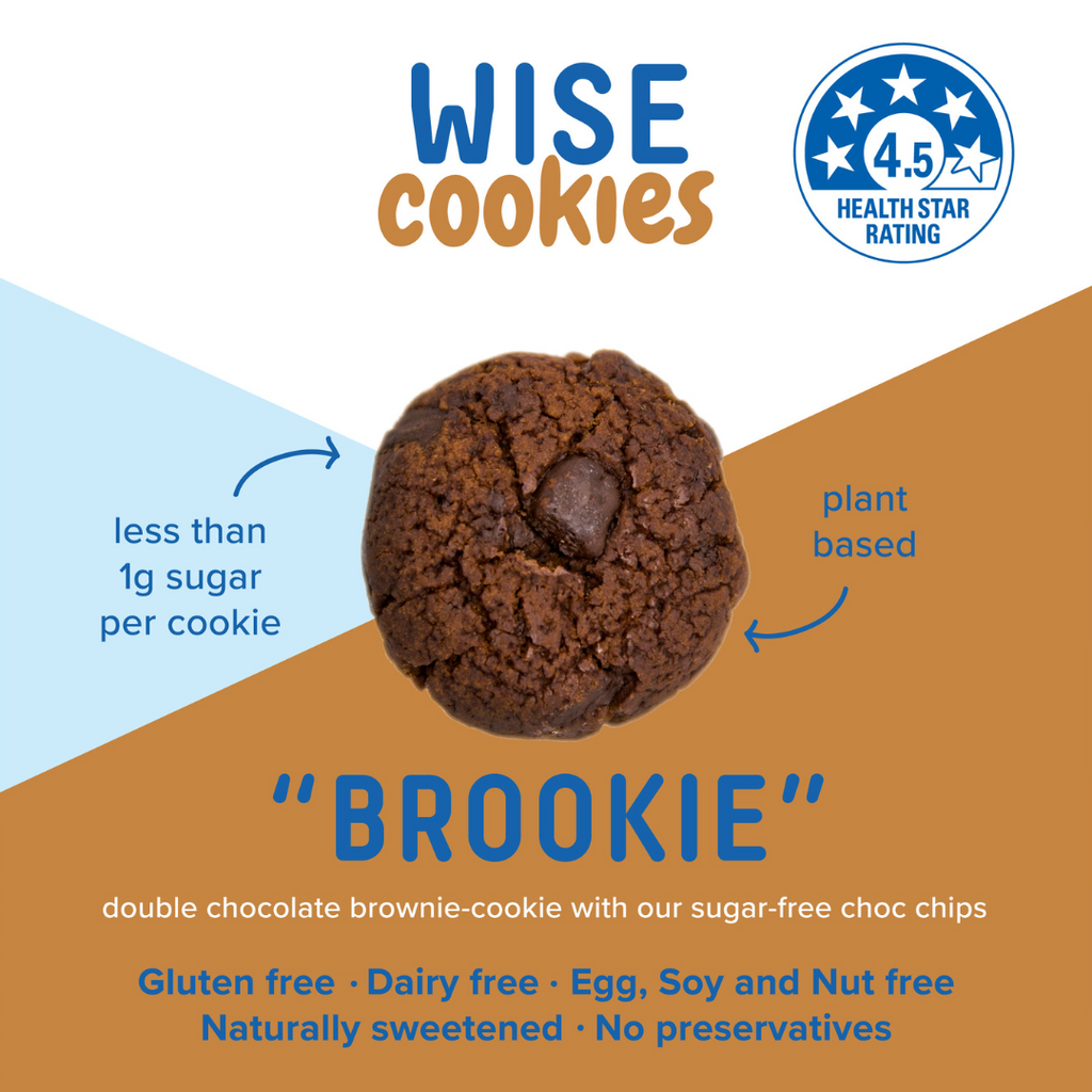 Wisefoods | Double Choc "Brookie" 4.5 Health Star rated, allergy-friendly and plant-based Wise Cookies - front label