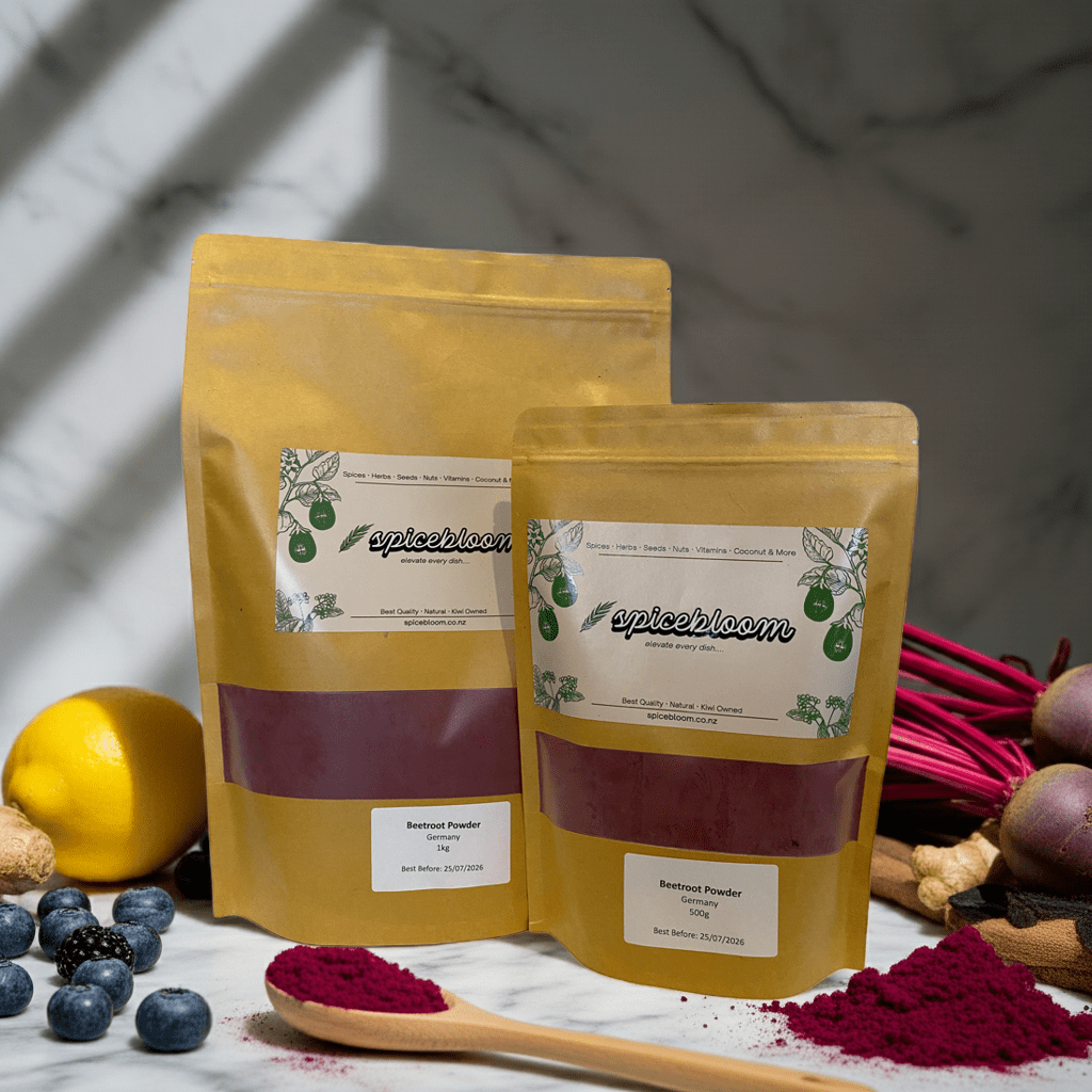 Top Grade Polish beetroot powder pouch in SpiceBloom packaging, with a spoonful of rich vibrant red powder on a clean white background, minimal elegant presentation