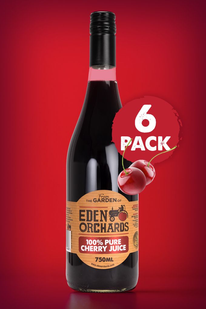 A pack of six 750ml bottles of Eden Orchards 100% Pure Cherry Juice, with a red background and a cherry graphic