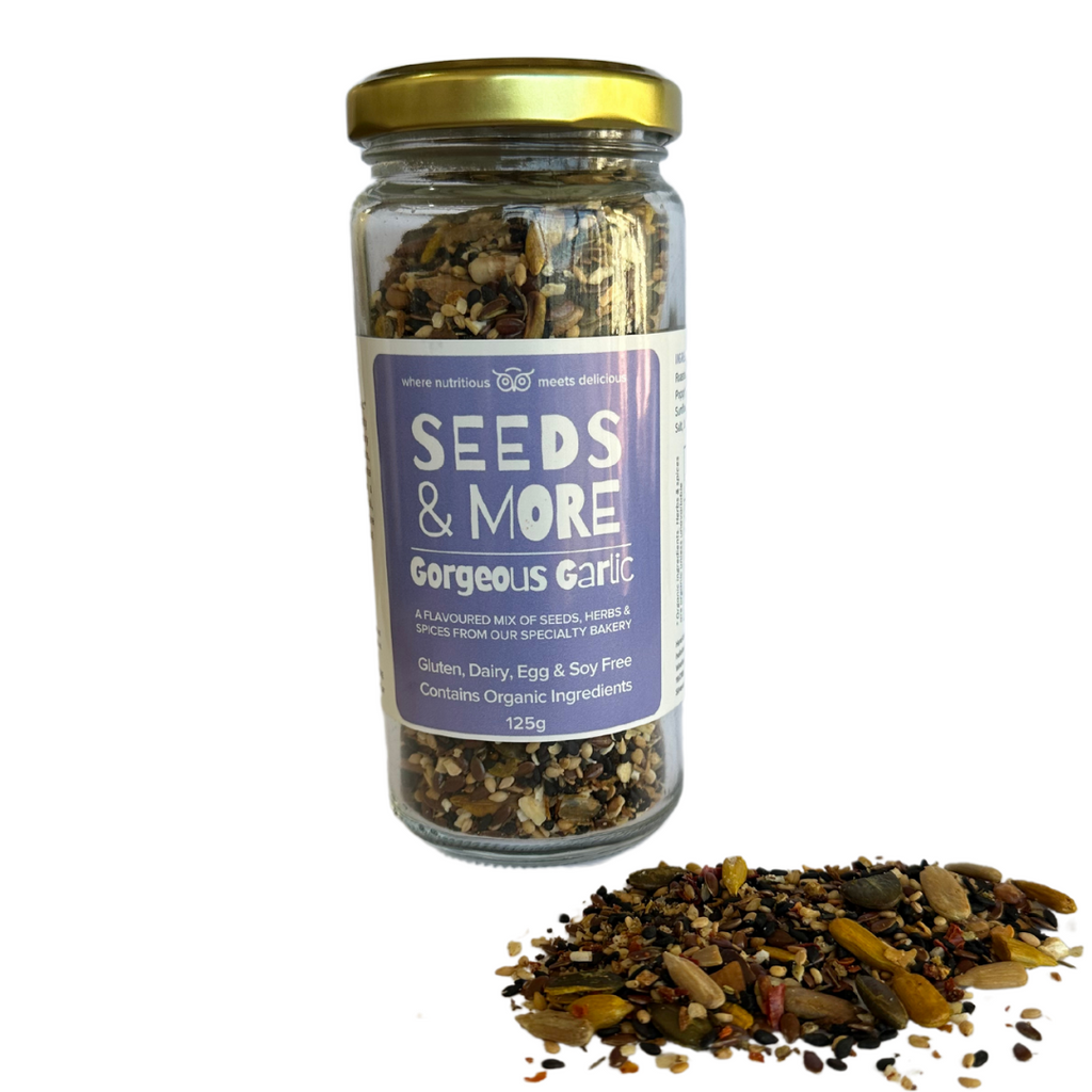 Wisefoods | Seeds & More - Gorgeous Garlic - 125g Jar with seed mix sprinkled in the foreground