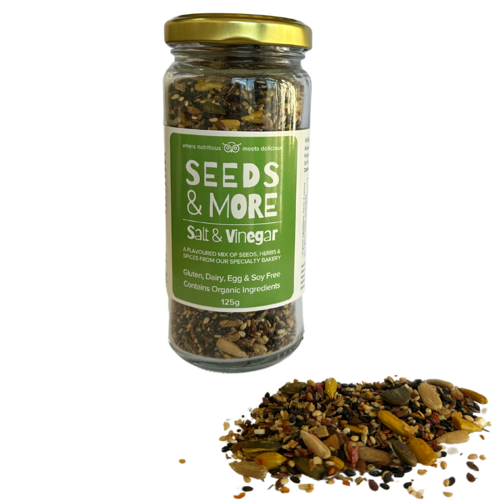 Wisefoods | Seeds & More - Salt & Vinegar - 125g Jar with seed mix sprinkled in the foreground