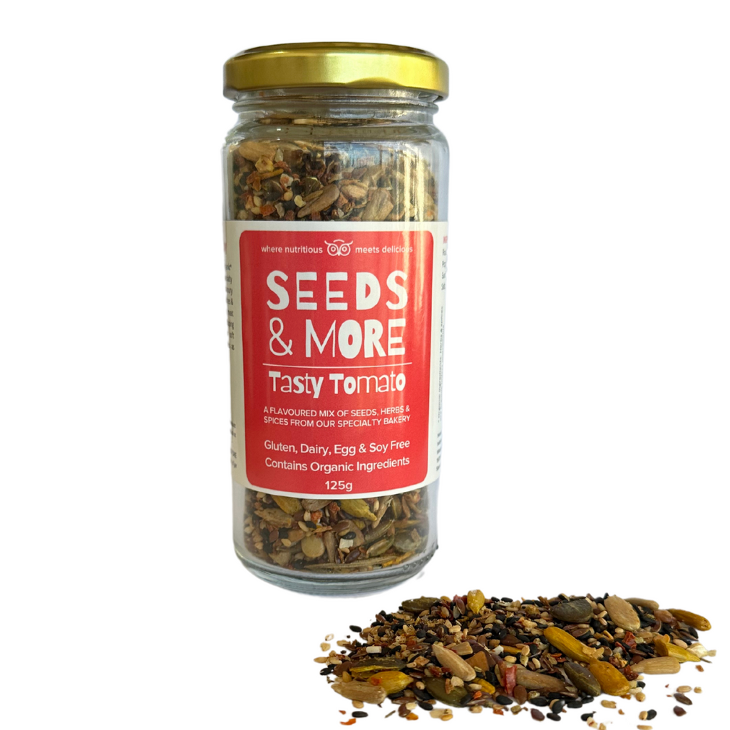 Wisefoods | Seeds & More - Tasty Tomato - 125g Jar with seed mix sprinkled in the foreground