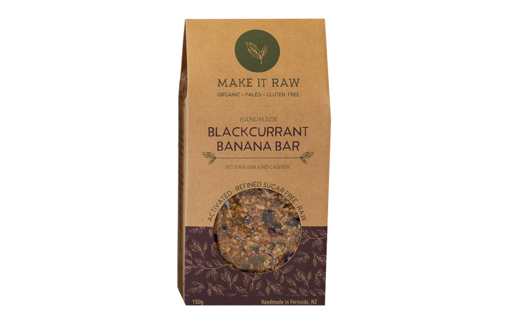 Black currant banana bar is a gluten, diary and refined sugar free energy bar. 100% natural wholefoods dehydrated into a yummy crunchy bar