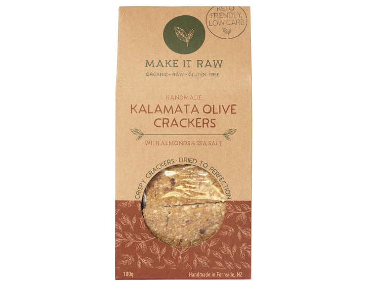 Kalamata Olive Crackers from Make it Raw. Made with activated almonds, organic flaxseed and olives. A yummy gluten and dairy free savoury snack.