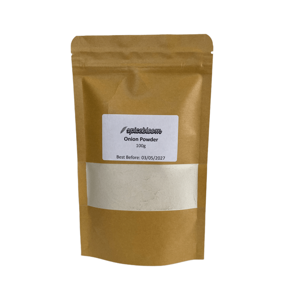SpiceBloom onion powder in retail pouch – finely ground, bold flavour, ideal for seasoning and cooking
