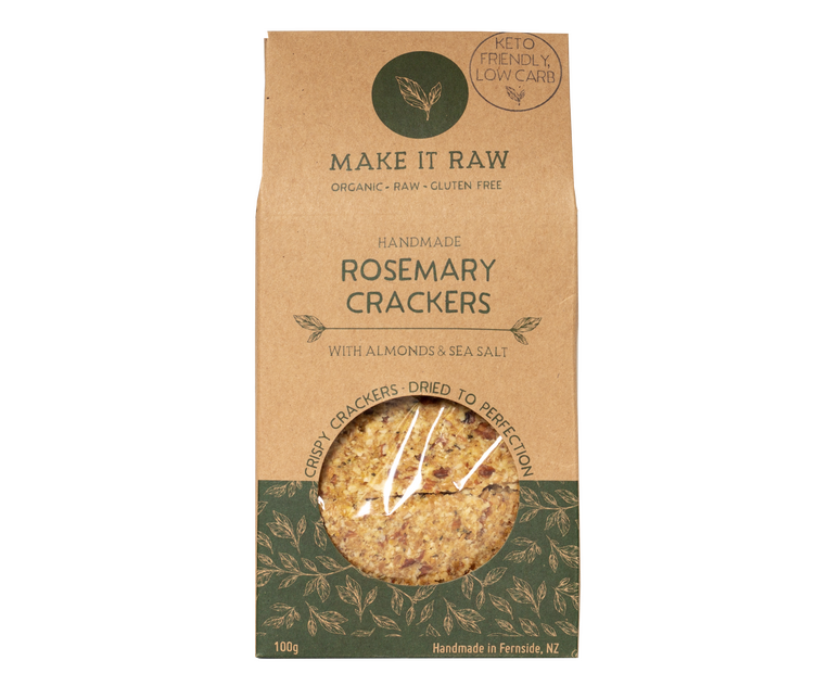 Rosemary and Almond Crackers from Make it Raw. Made with activated almonds, organic flaxseed and rosemary. A yummy gluten and dairy free savoury snack that is low in carbs and keto.