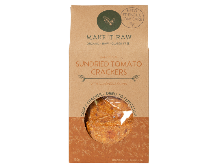 Tomato and Almond Crackers from Make it Raw. Made with activated almonds, organic flaxseed and sundried tomatoes. A yummy gluten and dairy free savoury snack.