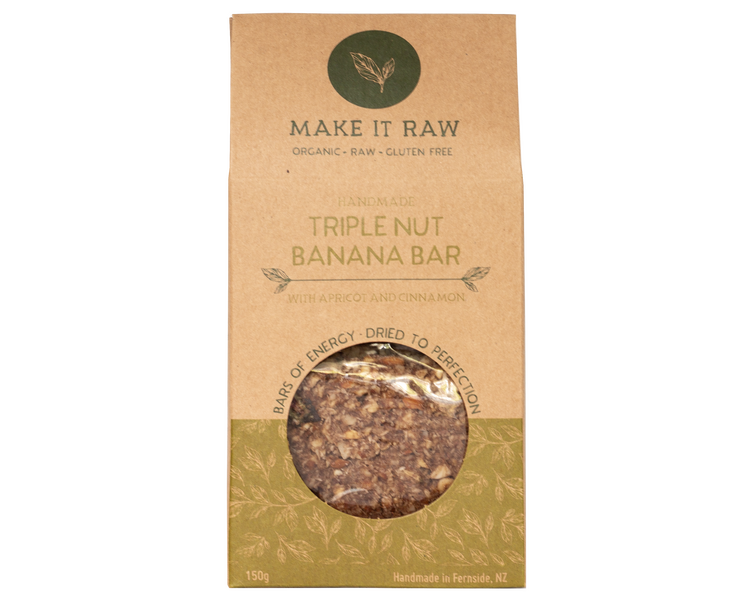 Triple Nut Banana Bar from Make it Raw. Made with activated nuts, coconut, apricot and banana. A yummy gluten, dairy and refined sugar free energy bar full of organic wholefoods.